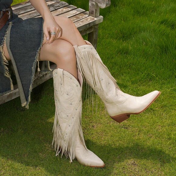 ⚡Women's White Knee High Western Embroidery Rhinestones Cowgirl Boot Wide Calf - Picture 5 of 8